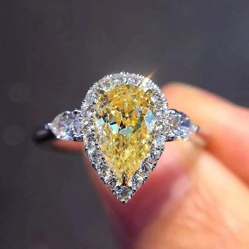 🌸925 Silver Yellow Water Drop Romantic Crystal Diamond Ring for Women, K778